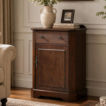 Farmhouse Accent Cabinet with Drawer and Door, Adjustable Shelf and Hidden Storage, Rustic Organizer , Walnut Finish