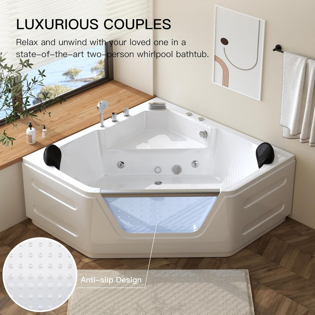 Acrylic Bath Tub with 6 Jetters | Hydromassage SPA Tub for 2 People | 59" Corner Jetted Bathtub with Waterproof