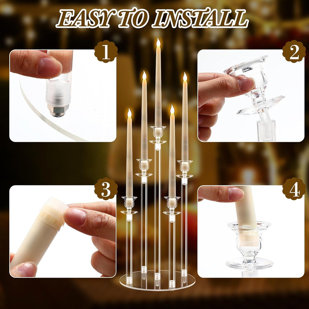 4 Set Acrylic Candelabra Centerpiece Clear Candle Holders with 20 LED Candles 5 Arm Holder for Tables with Remote