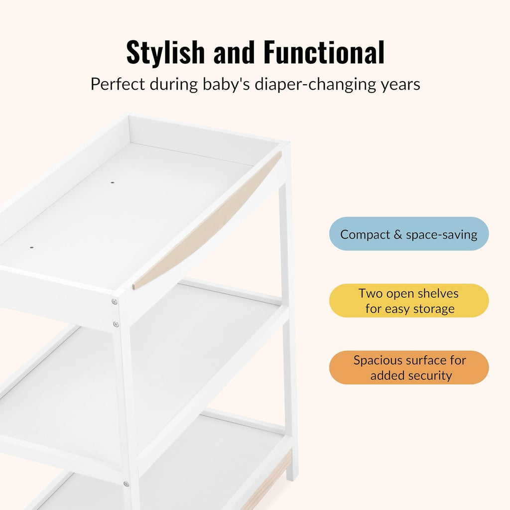 Baby Changing Table - Compact Modern Changing Station with 2 Open Shelves, New Zealand Pinewood