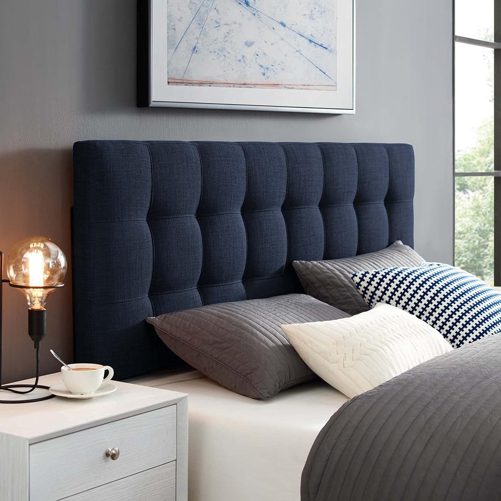 Lily Tufted Linen Fabric Upholstered King Headboard in Navy