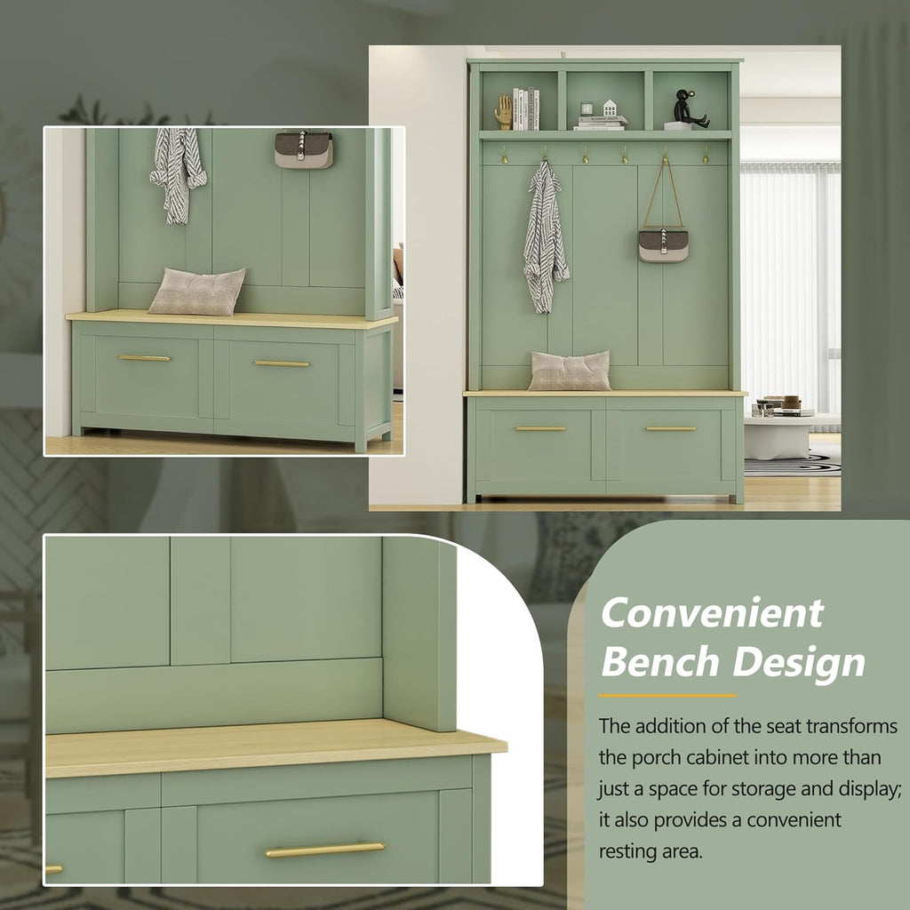 Versatile 4-in-1 Hall Tree with 6 Golden Hooks, Wood Grain Bench with Multiple Storage Space, Entryway Coat Rack with