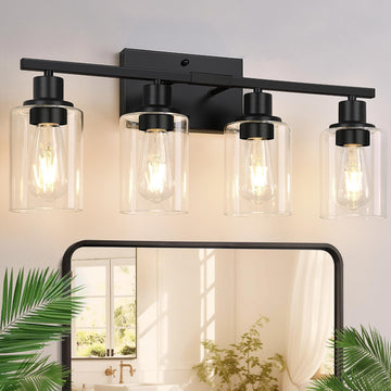 4-Light Bathroom Light Fixtures, Matte Black Modern Vanity Lights with Clear Glass Shades, Bathroom Wall Lamp for