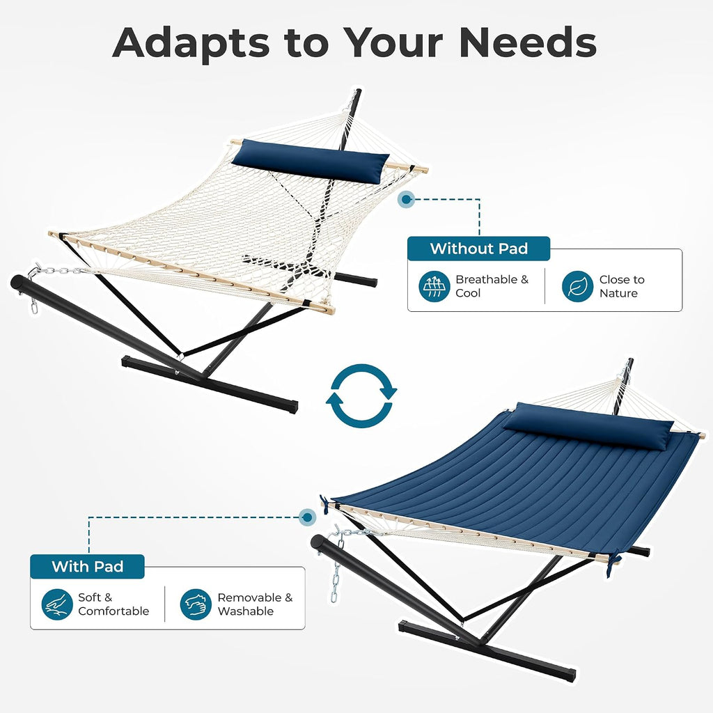 12ft Double Hammock with Stand, Rope Hammock for 2 Person, Detachable Hammock Bed and Pillow, Portable, Anti-Tip