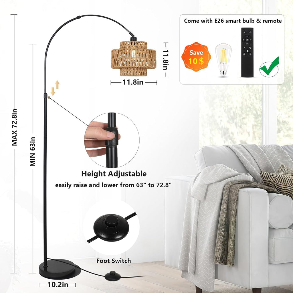 Arc Floor Lamp, Boho Rattan Floor Lamp with Remote, Black Standing Lamp with Dimmable Blub Timer