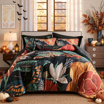 Black Boho Floral Comforter Set - 3 Piece Vintage Botanical Bedding Comforter Sets for All Season Soft
