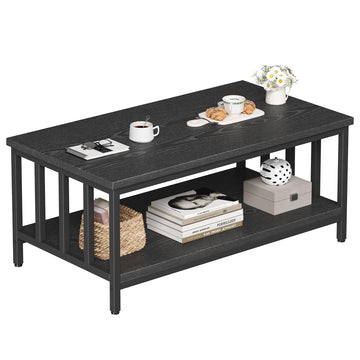 Coffee Table with Slatted Sides Frame, Modern Farmhouse Living Room Table with 2-Tier Storage Shelf, 39 inch, Black