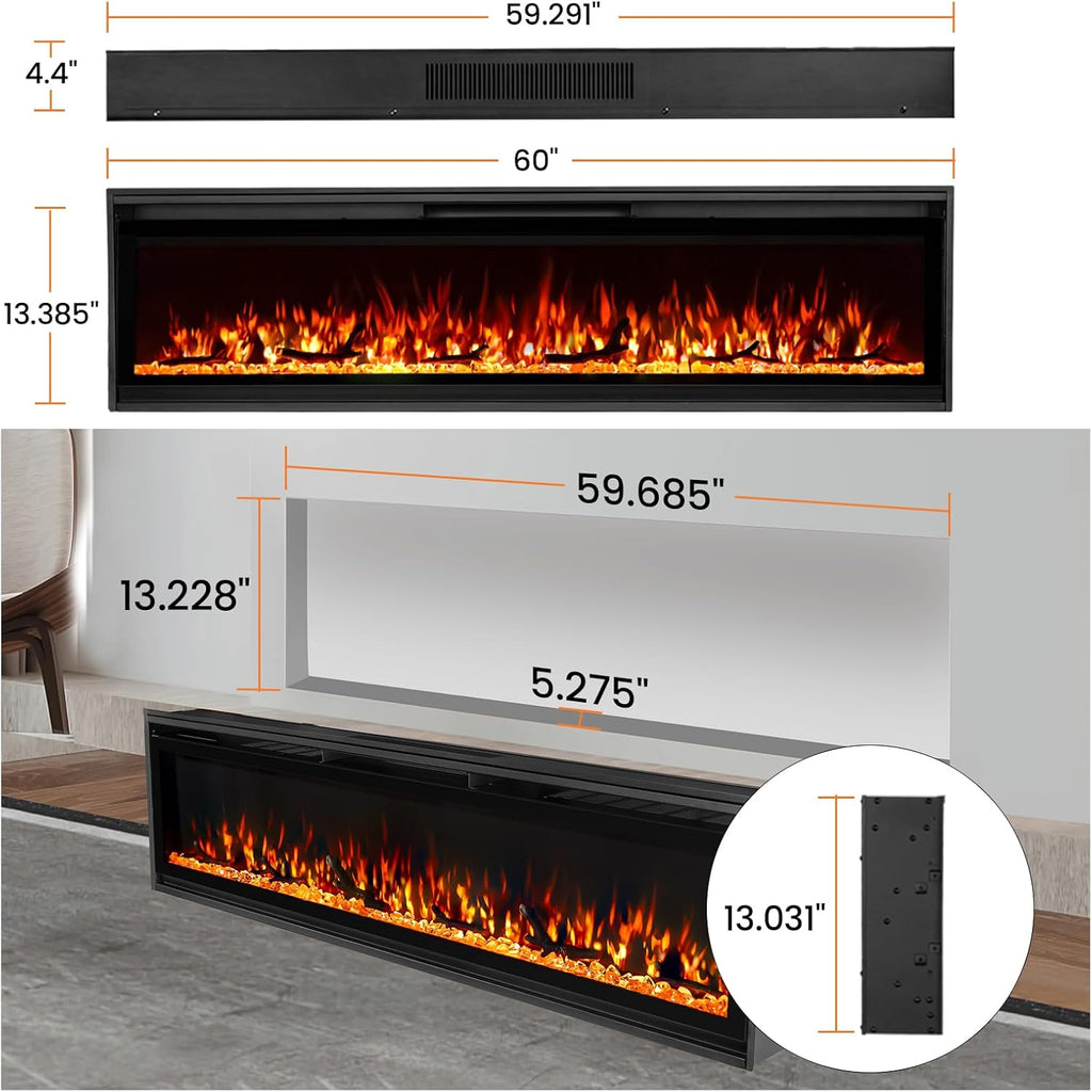 Electric Fireplace Inserts, Ultra Thin Wall Mounted Fireplace with Remote Control, Multicolor Realistic Flame