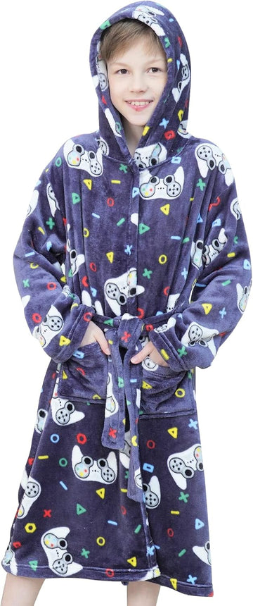 Boys Soft Hooded Bathrobe Kids Warm Gamer Fleece Robe Sleepwear