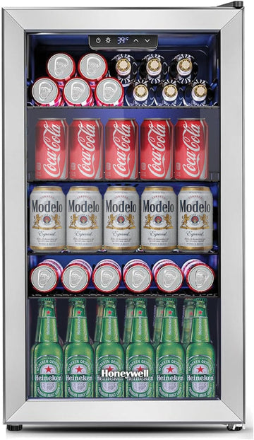 Beverage Refrigerator and Cooler, 116 Can Mini Fridge with Glass Door for Soda B