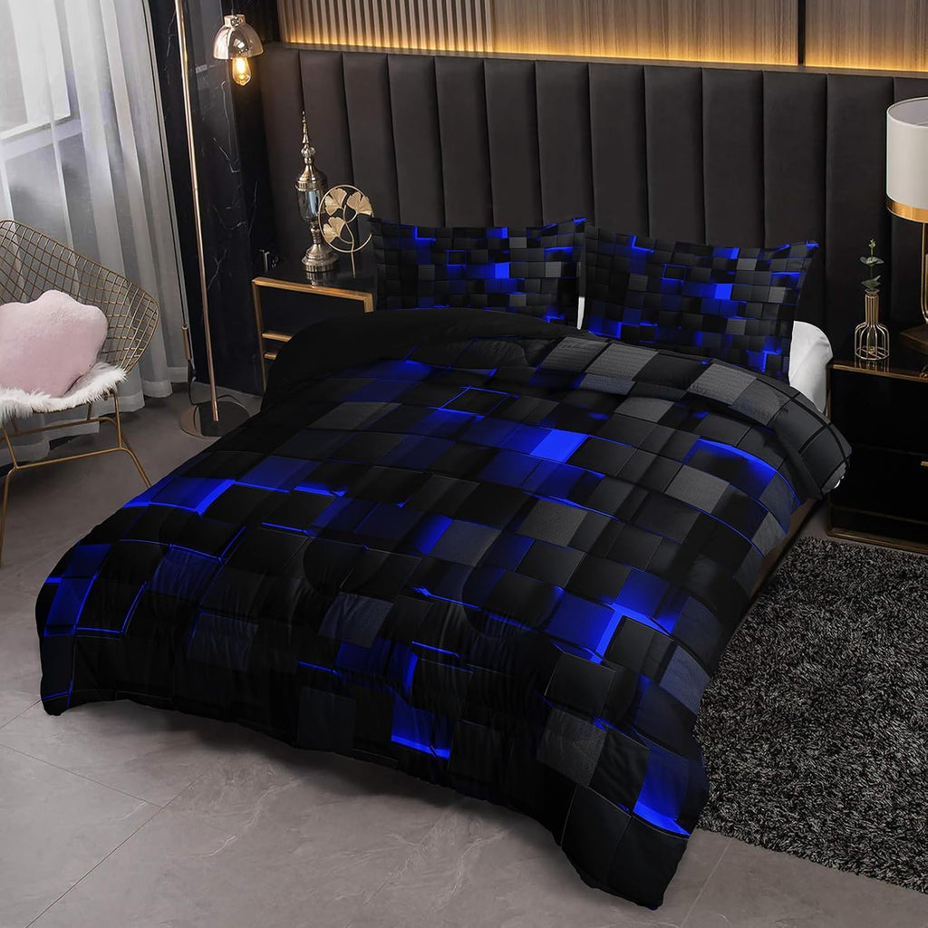 Neon Blue Black Comforter Set Twin Geometric Kids Bedding Set,3 PCS Geometry Honeycomb Bed Set Modern Quilt Set 1 - Set of 3