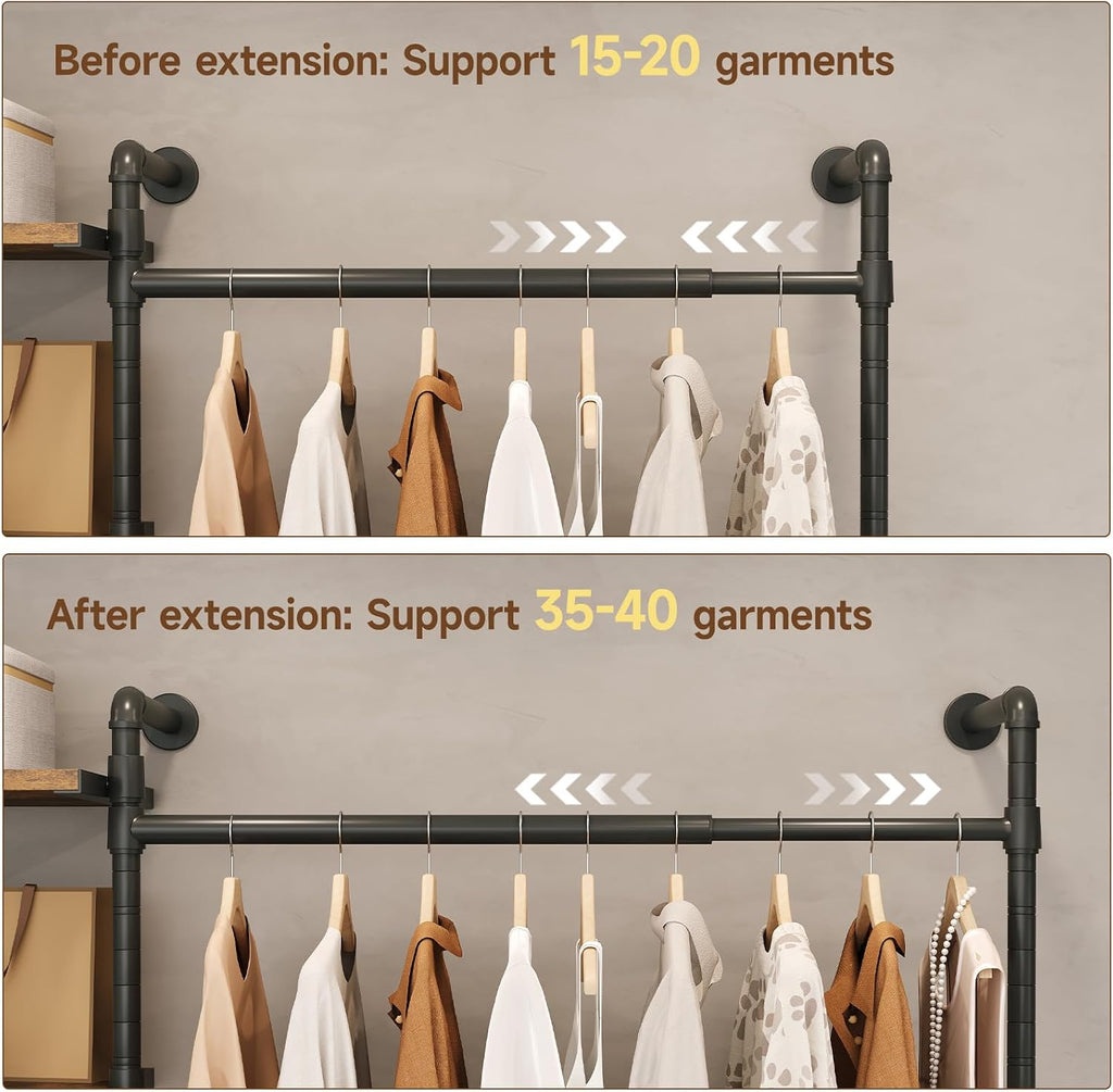 T3 Closet System with Stepless Dimmable LED Light, Industrial Pipe Clothing Rack with 4 Drawers, 6 Wooden Shelves & 4