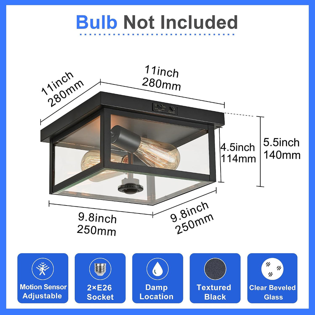 Adjustable Motion Sensor Ceiling Light Fixture Outdoor Modern Design of Squares Flush Mount 2-Light Textured Black