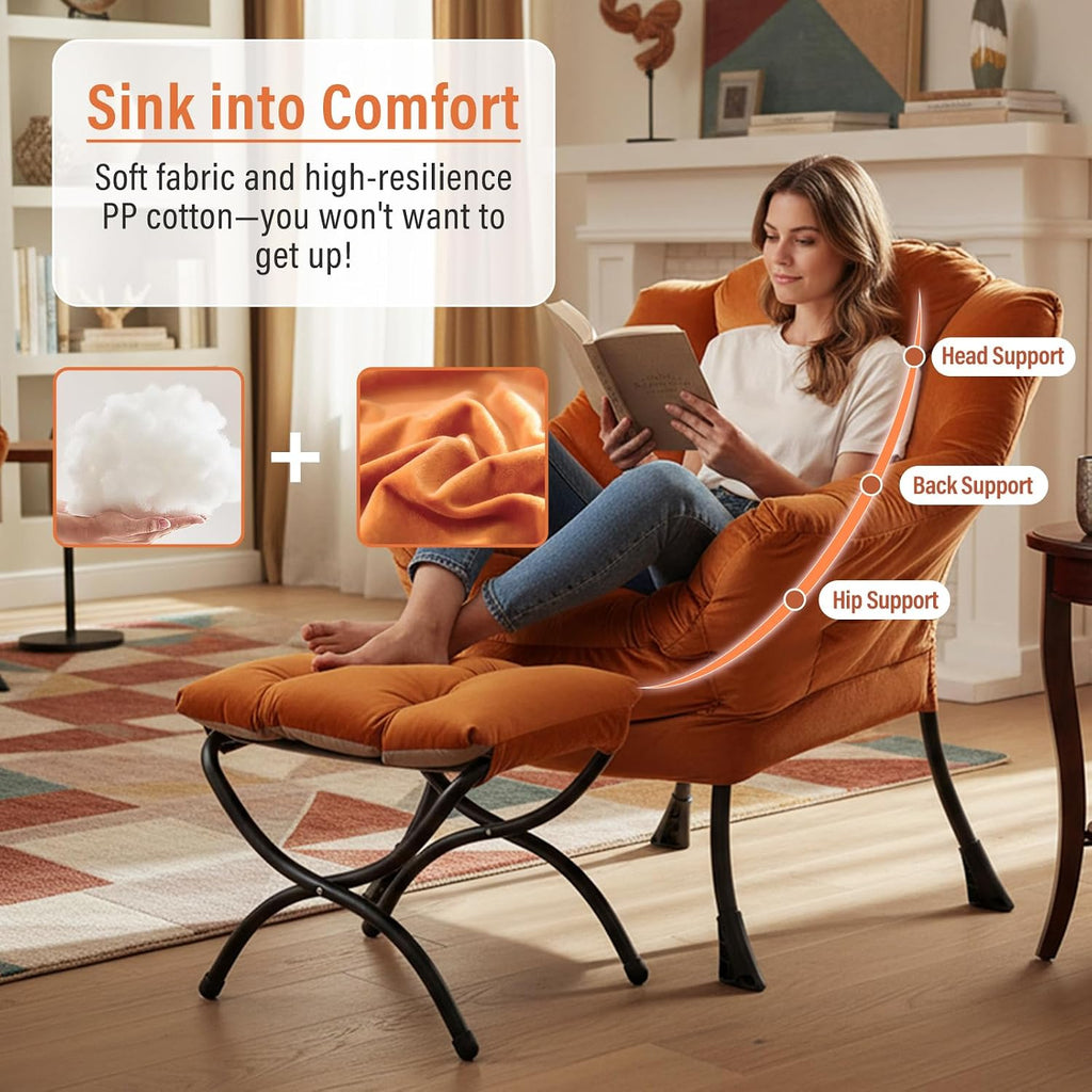 Lazy Chair with Ottoman, Modern Accent Chair with Armrests and a Side Pocket, Velvet Orange Accent Chairs, Reading
