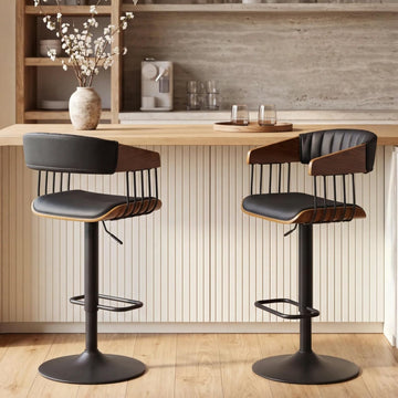 Swivel Adjustable Bar Stools Set of 2, Mid-Century Modern Counter Stools Bar Chairs with Barrel Walnut Back and Arms
