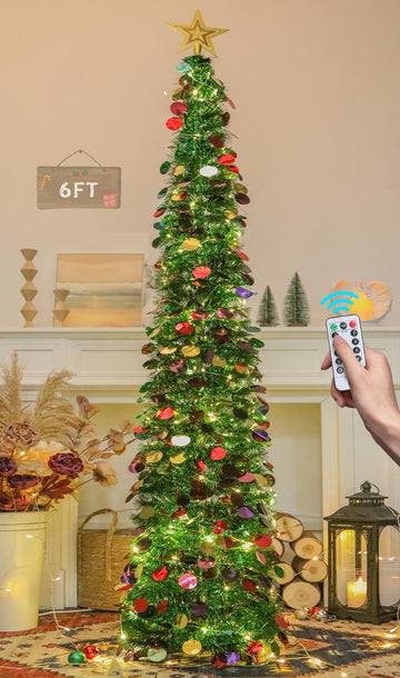 6 FT Pop Up with 100 LED Timer Lights & Remote, Green Christmas Tinsel Tree, Collapsible Artificial Pencil Tree Party