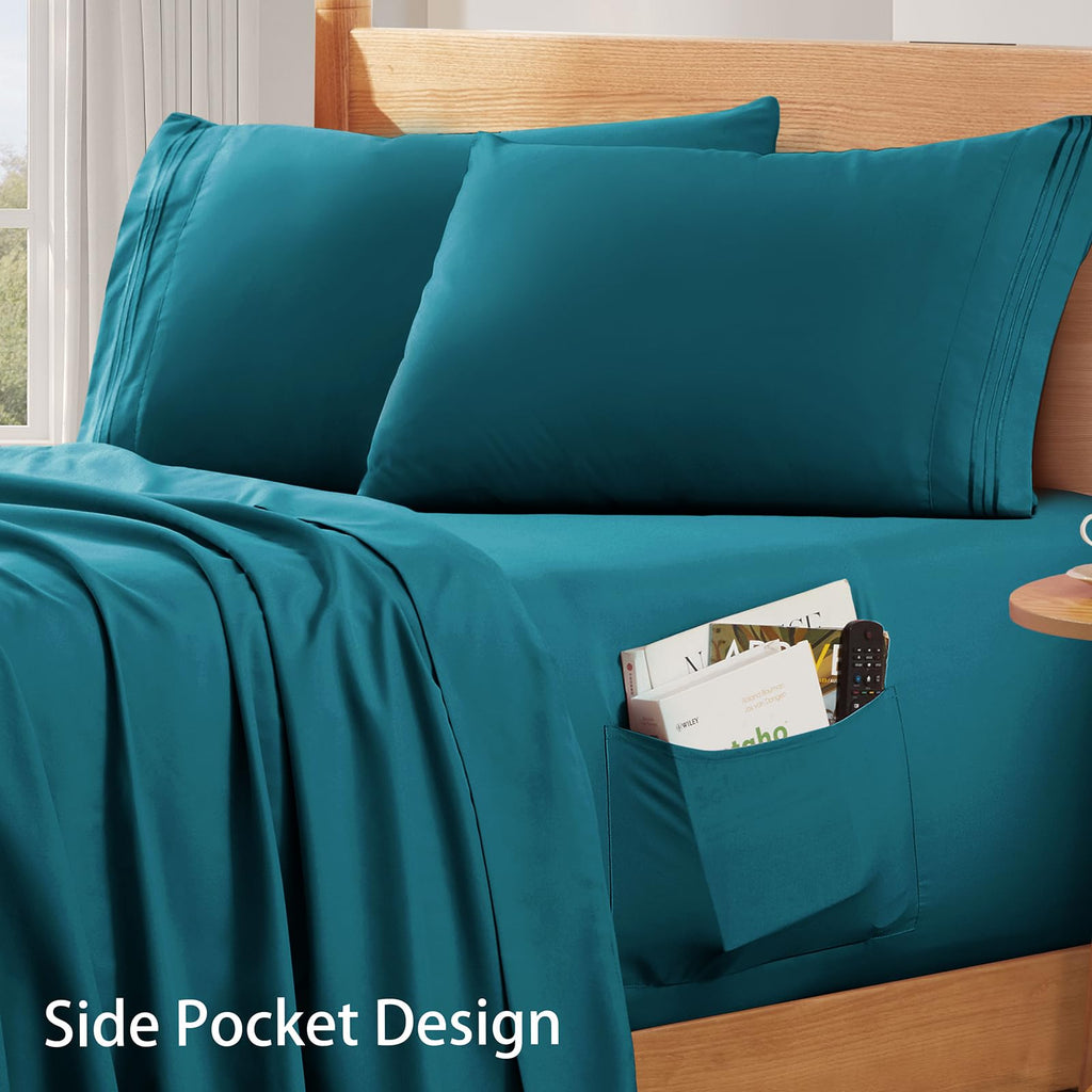 4 Piece Extra Deep Pocket King Sheets Set, Teal