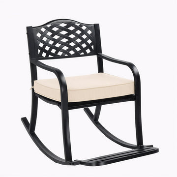 Metal Rocking Chair Outdoor Patio Rocker with Thick Cushion and Footrest, Weatherproof Wrought Iron Rocking Bench for