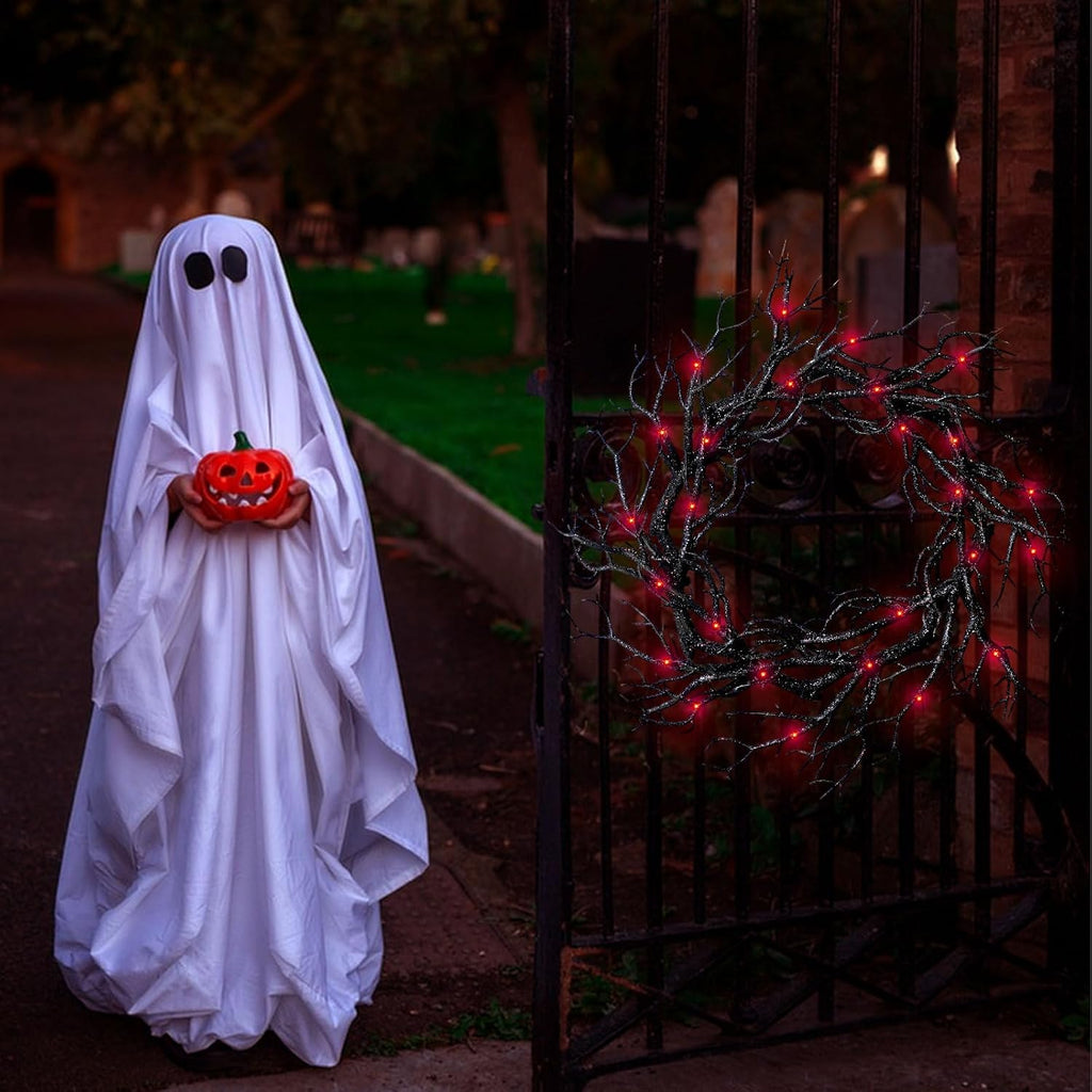 Spooky Halloween Wreath with Red Lights - Glitter Black Branch Handcrafted Decor for Front Door, Indoor/Outdoor Party