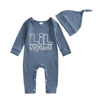 Newborn Baby Boys Romper Long Sleeve Little Brother Letter Print Ribbed Bodysuit Jumpsuit Infant Coming Home Outfit