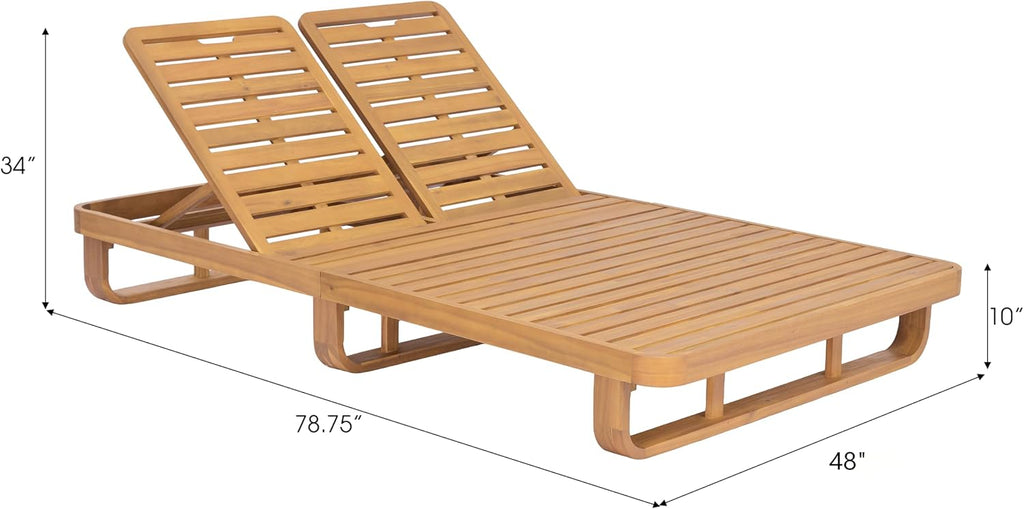 Double Acacia Wood Chaise Lounge with Dual Adjustable Backrests, Patio Outdoor Chaise Lounge with Cushions, Wooden