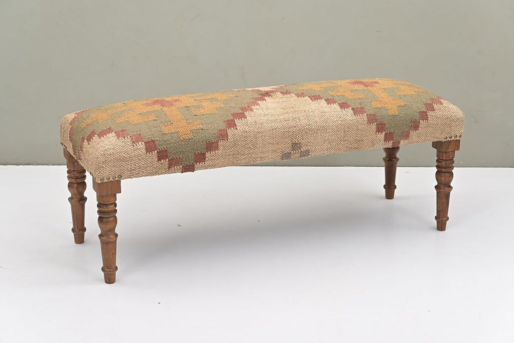 Acacia Wood Kilim Pattern Jute Fabric Decorative Upholstered Bench | Wooden Ottoman with Turned KD Legs , End of Bed