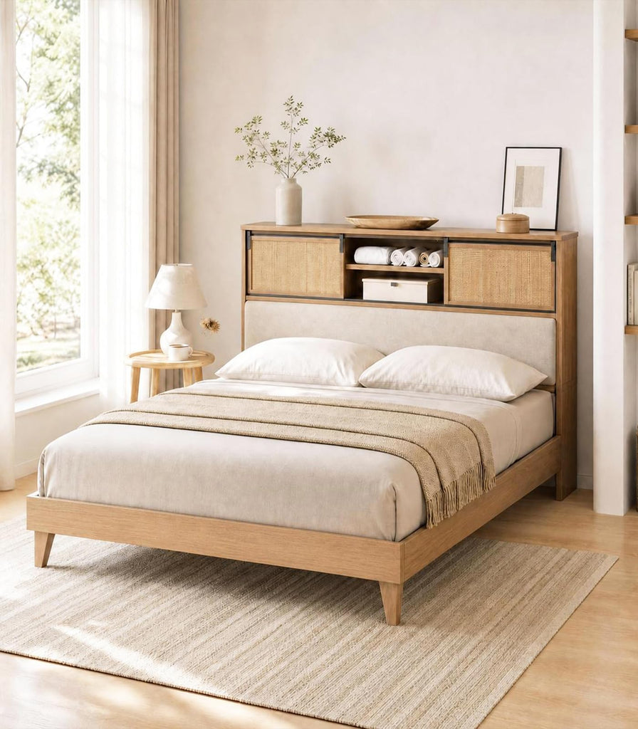 King Size Solid Wood Bed Frame with Bookcase Headboard, Platform Bed