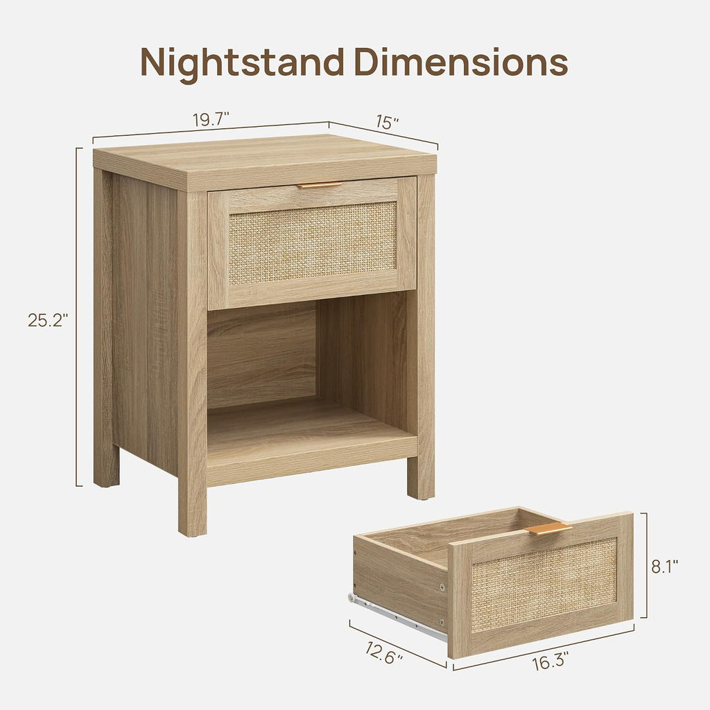Rattan Nightstands Set of 2, Farmhouse Night Stand Bedside Table with Drawer and Storage Shelf - Boho End Side Table