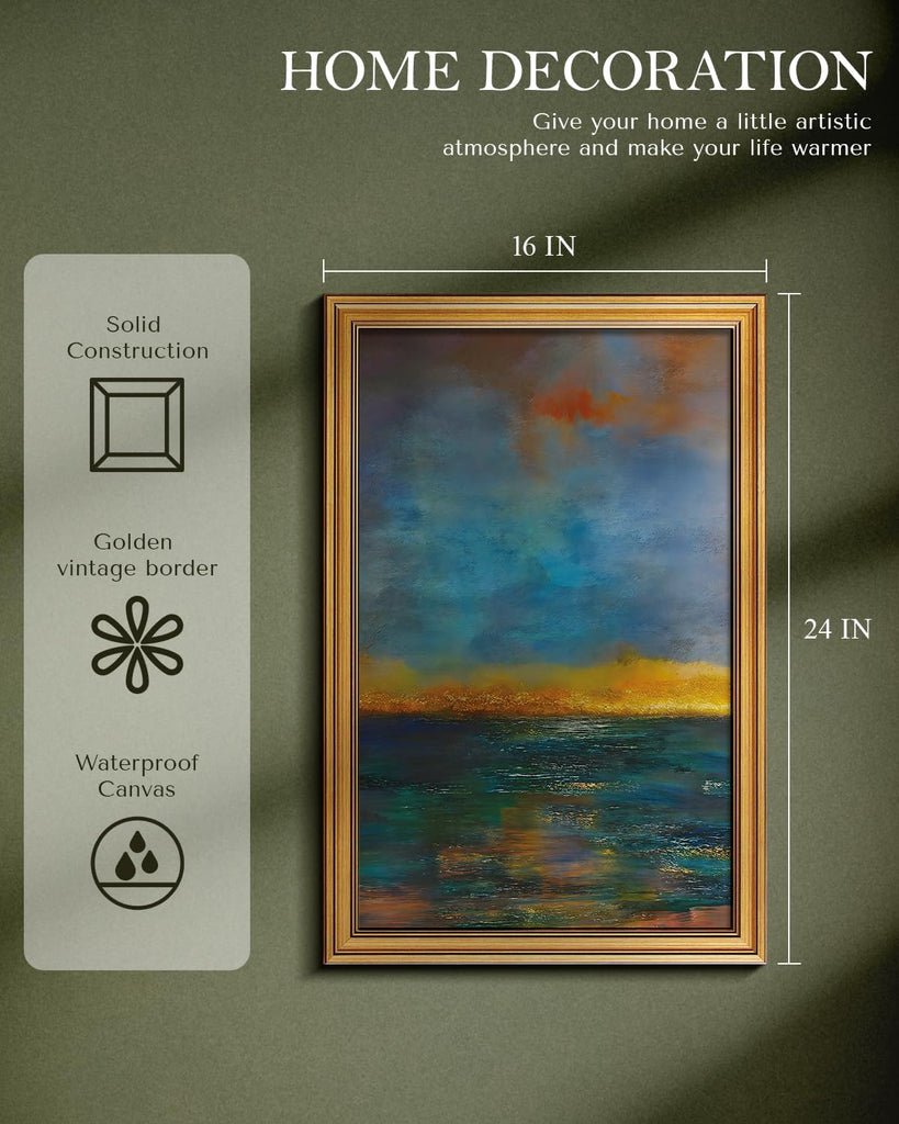 Abstract Ocean Wall Art 16x24 Framed Canvas Print with Golden Vintage Frame, Waves Sun Sky Art Modern Seascape Oil