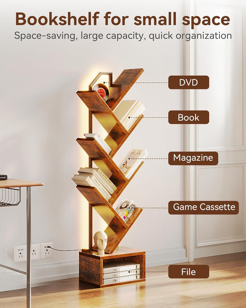 Tree Bookshelf with LED Lights, 6-Tier Narrow Bookcase for Small Spaces, Tall Steel & Wood Storage Shelf with Cabinet