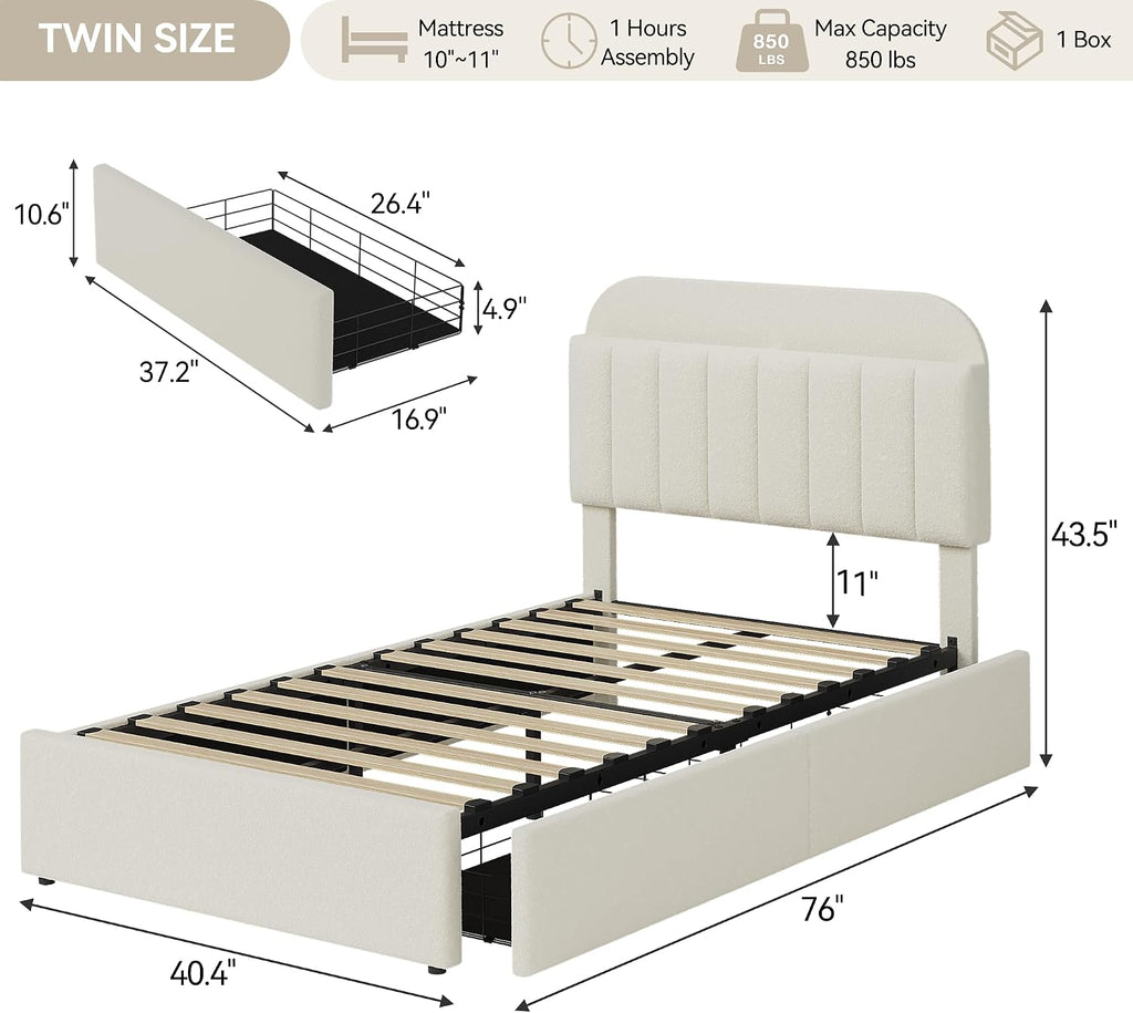 Twin Bed Frame, Platform Bed with Storage Headboard & Drawers | Boucle Upholstered Bed Frame for Kids, Bookcase