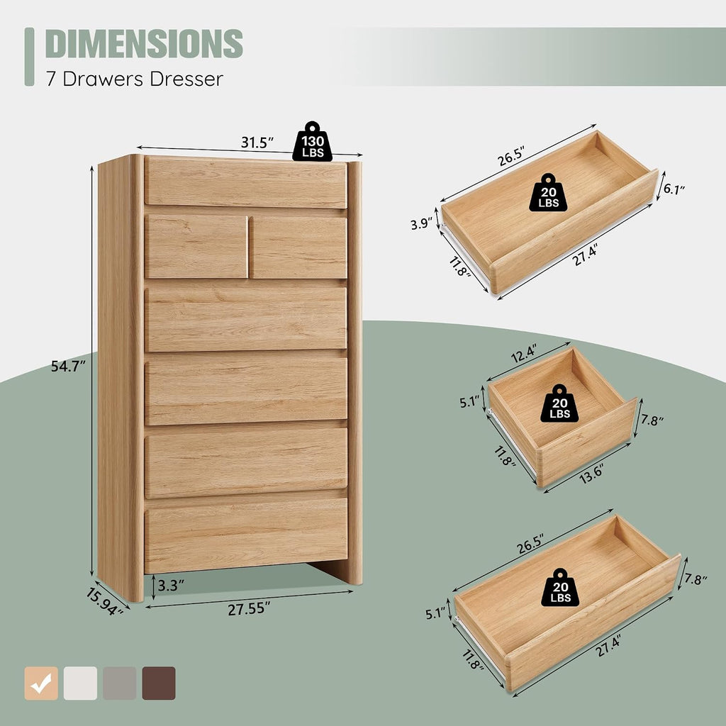 Modern 7 Drawers Dresser , 54.7" Tall Large Dresser & Chests of Drawers w/Rounded Corner, Wood Handleless Organizer