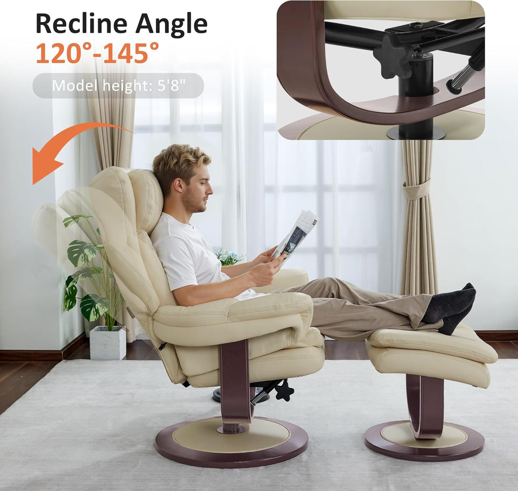 Modern Reclining Swivel Lounge Chair and Ottoman — White Faux Leather