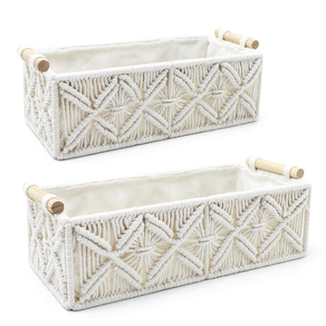 2pc Macrame Storage Baskets, Boho Woven Boxes Org, White