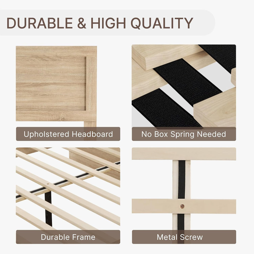 Wood Bed Frame with Headboard and Footboard, Wooden Platform Mattress Foundation with Silent Slat Support Noise-Free