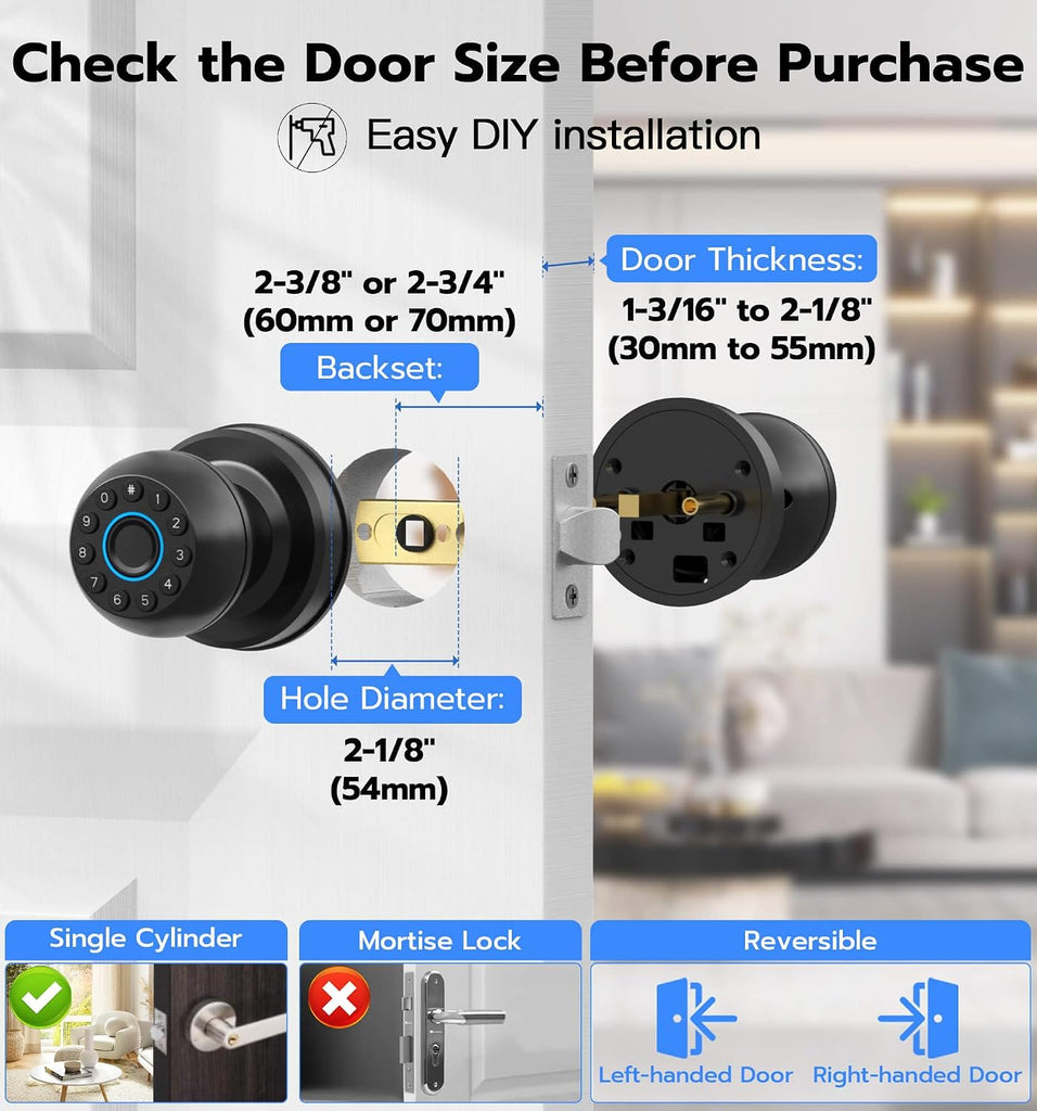 Smart Door Knob with Lock, Fingerprint Code Keypad Keyless Entry Electronic Digital Biometric Bluetooth App Control
