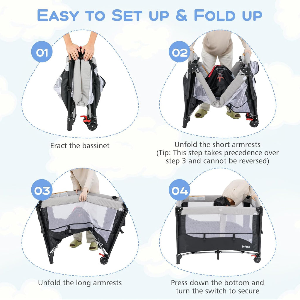 Pack and Play, 5 in 1 Baby Bedside Sleeper with Bassinet, Diaper Changer, Mattress, Carry Bag, Music Box Hanging