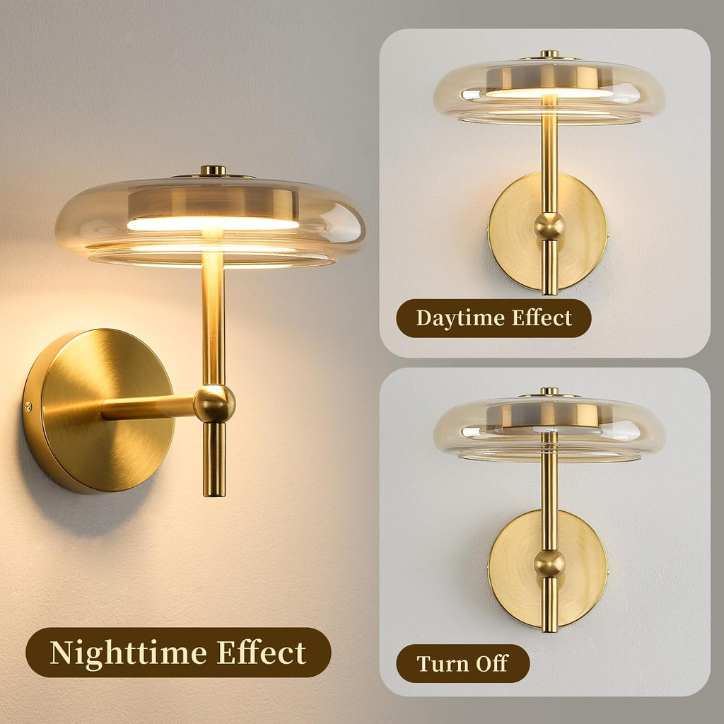 Modern Round Glass Wall Sconce in Brushed Gold, Contemporary Clear Glass Gold Sconce, Hardwired Indoor Wall Lighting