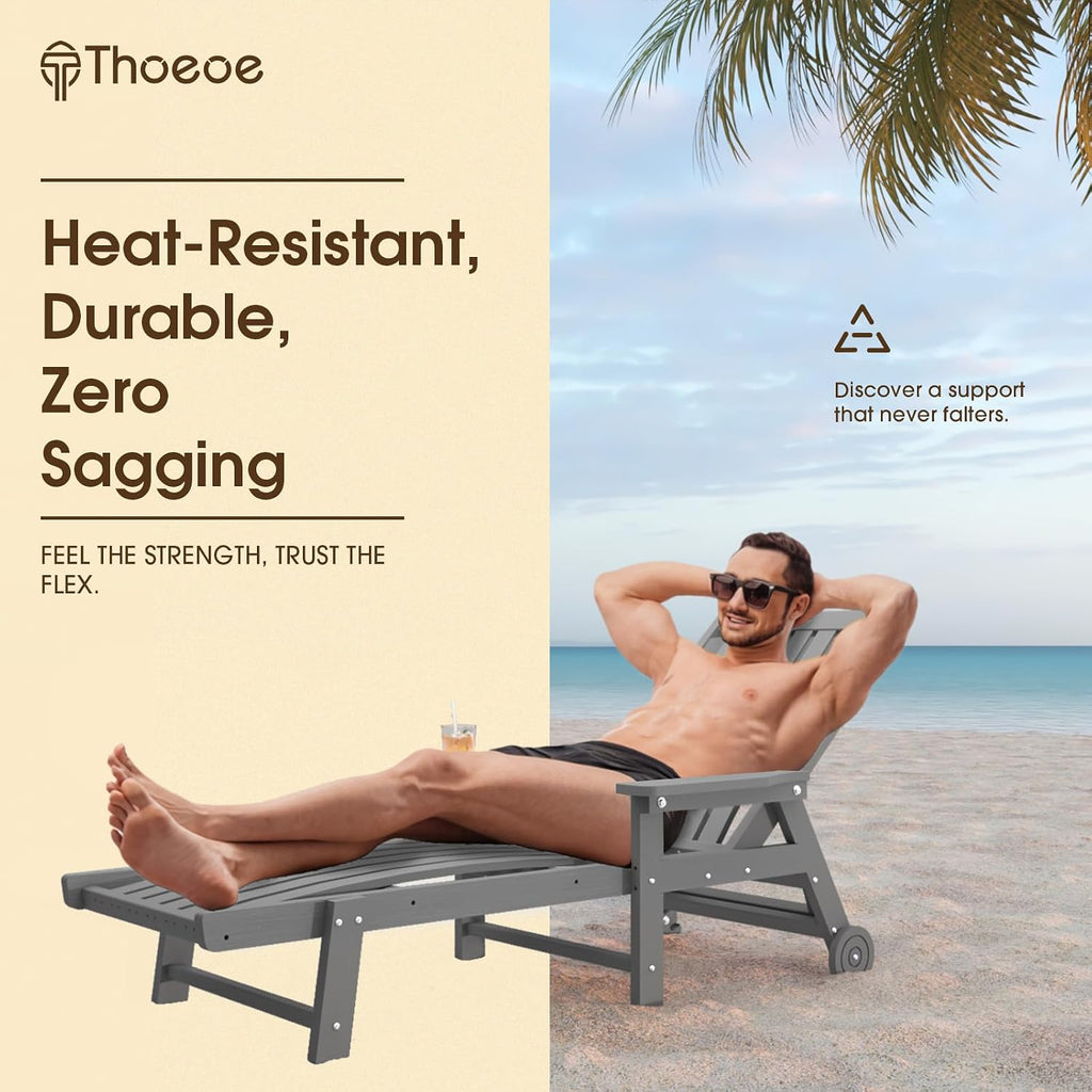 Outdoor Chaise Lounge Chair Set of 2,HDPE lounge chair outdoor with Wheels | Oversized pool lounge chairs with cup
