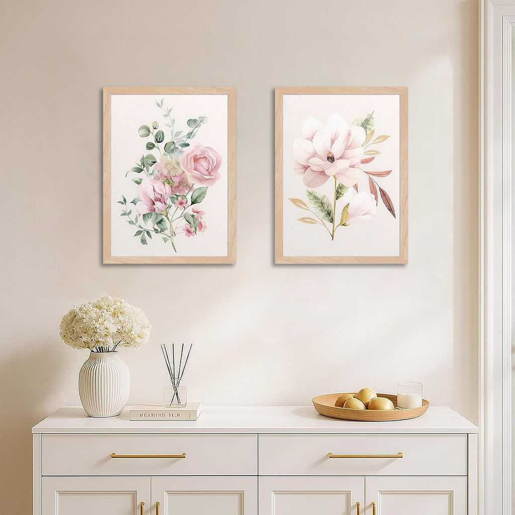 Framed Botanical Wall Art Set of 2, Pink Floral Canvas Prints with Natural Wood Frame & Acrylic Cover, Modern