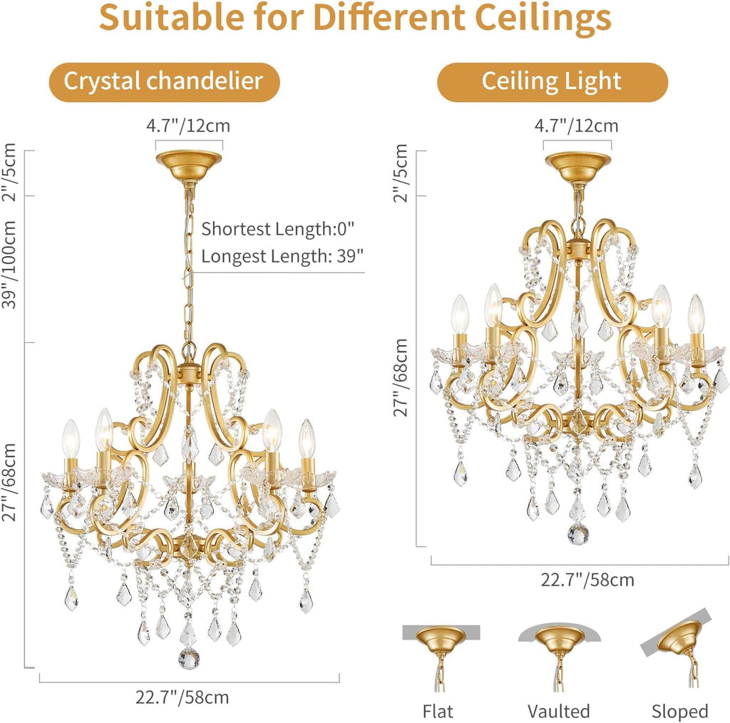 Crystal Chandelier, 5-Light Gold Chandelier for Dining Room Light Fixture, K9 Crystal Pendant Ceiling Light Fixture, Modern Candle Chandelier for Living Room Kitchen Island Entryway Bedroom
