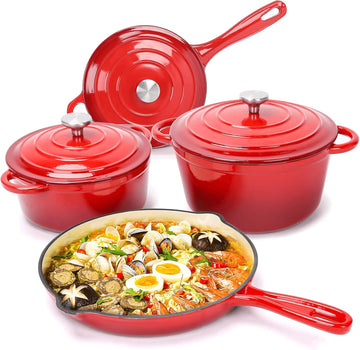Enameled Cast Iron Cookware Set,7 Piece Dutch Ovens Set,Red | Ceramic Coated Cast Iron,Sauce Pan,Skillet,3 Lids,Pots