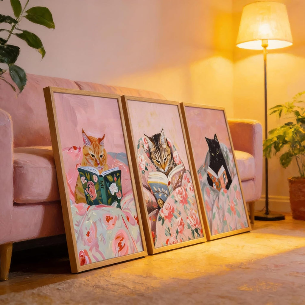 3Pcs Framed Vintage Cat Canvas Wall Art, Pink | Funny Animal Reading Books Pictures, Cute Kitten Lovers