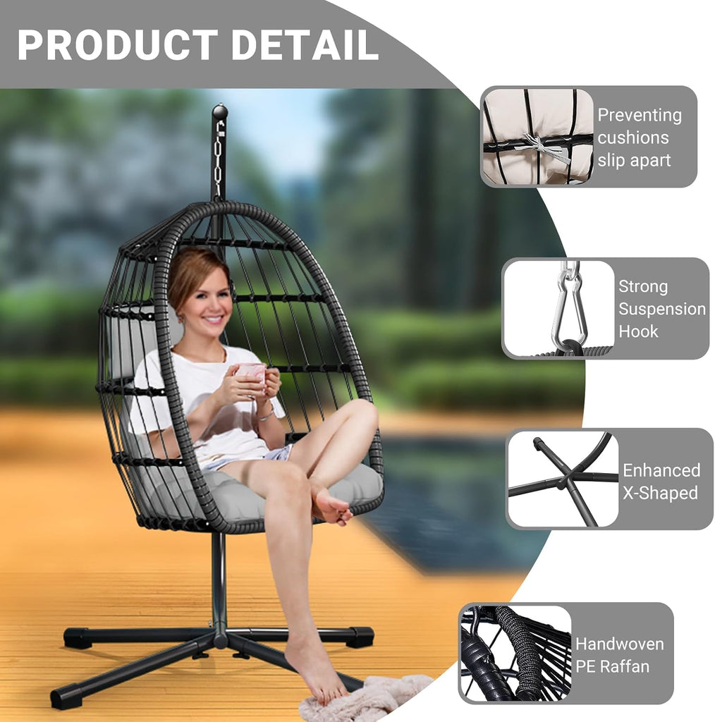 Egg Chair with Stand,Patio Rattan Wicker Hanging Hammock Chair Porch Garden,Thickened Aluminum Alloy Steel Frame and
