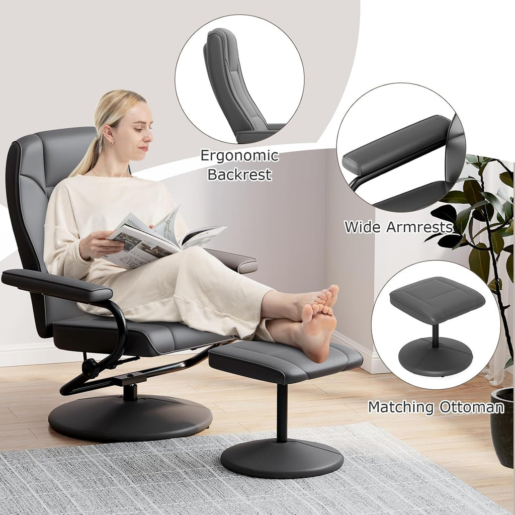 Modern Reclining Swivel Lounge Chair and Ottoman — Black Faux Leather