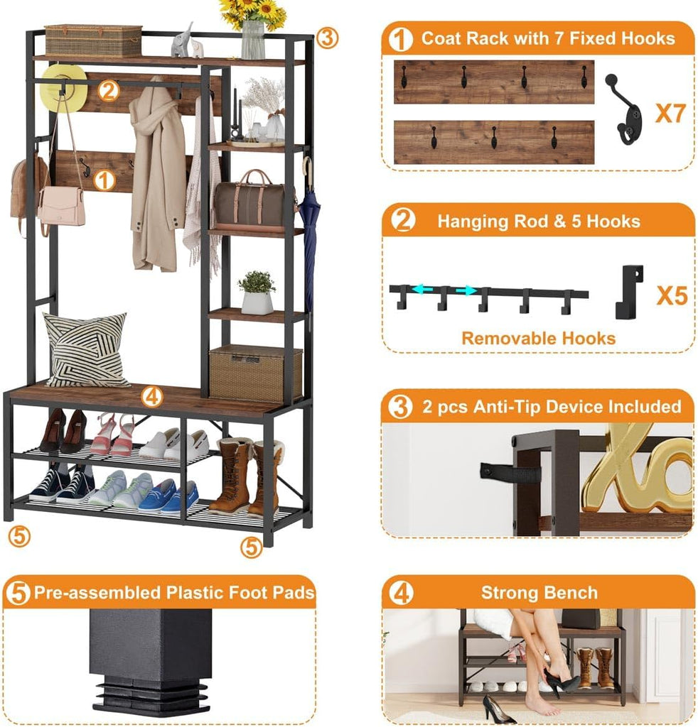 Hall Tree with Shoe Storage, 5-in-1 Reversible Entryway Bench with Coat Hooks , Rustic Wood and Metal Coat Rack with