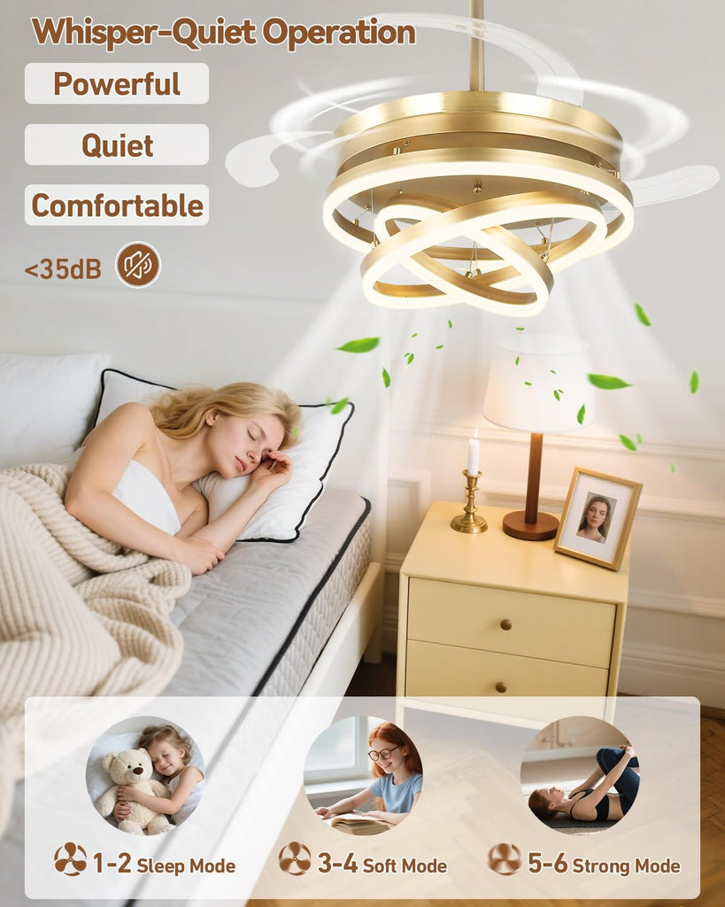 42 Inch Retractable Ceiling Fan with Lights, Gold Fandelier Chandelier Fan with Remote, 6-Speed Silent DC Motor