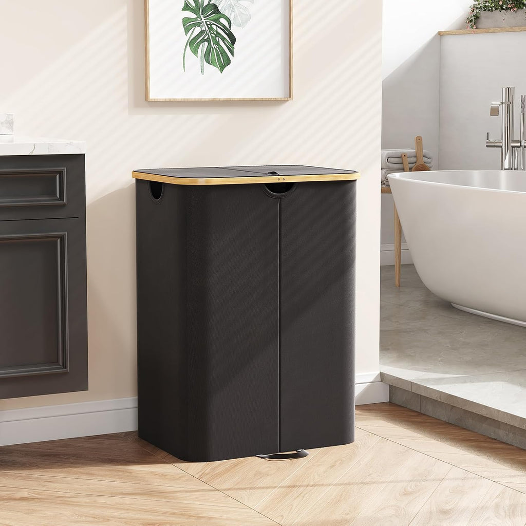 150L Double Laundry Hamper with Lid, Large Laundry Basket with Removable Bag & Bamboo Handles, Fodable Tall Dirty
