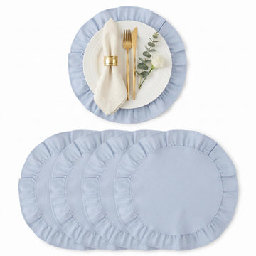 Round Ruffled Linen Blend Placemats,13.8 Inch Scalloped Table Mat, Set of 4