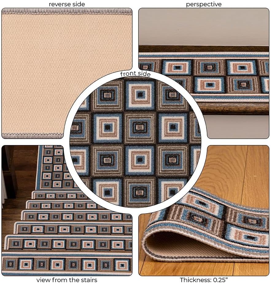 Stair Treads Carpet with Landing Slip Resistant Stair Rugs, Set of 13 (9"x32") + 1 (31"x31") Runner for Indoor Wooden